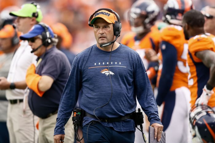 Denver Broncos special teams coordinator Tom McMahon looks on in the third quarter against the Chicago Bears at Empower Field at Mile High.